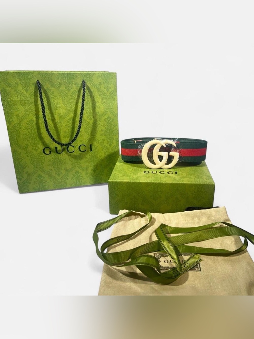 Gucci Green Web Elastic Fabric Marble Effect Double G Buckle Belt 28 u.s - 90cm